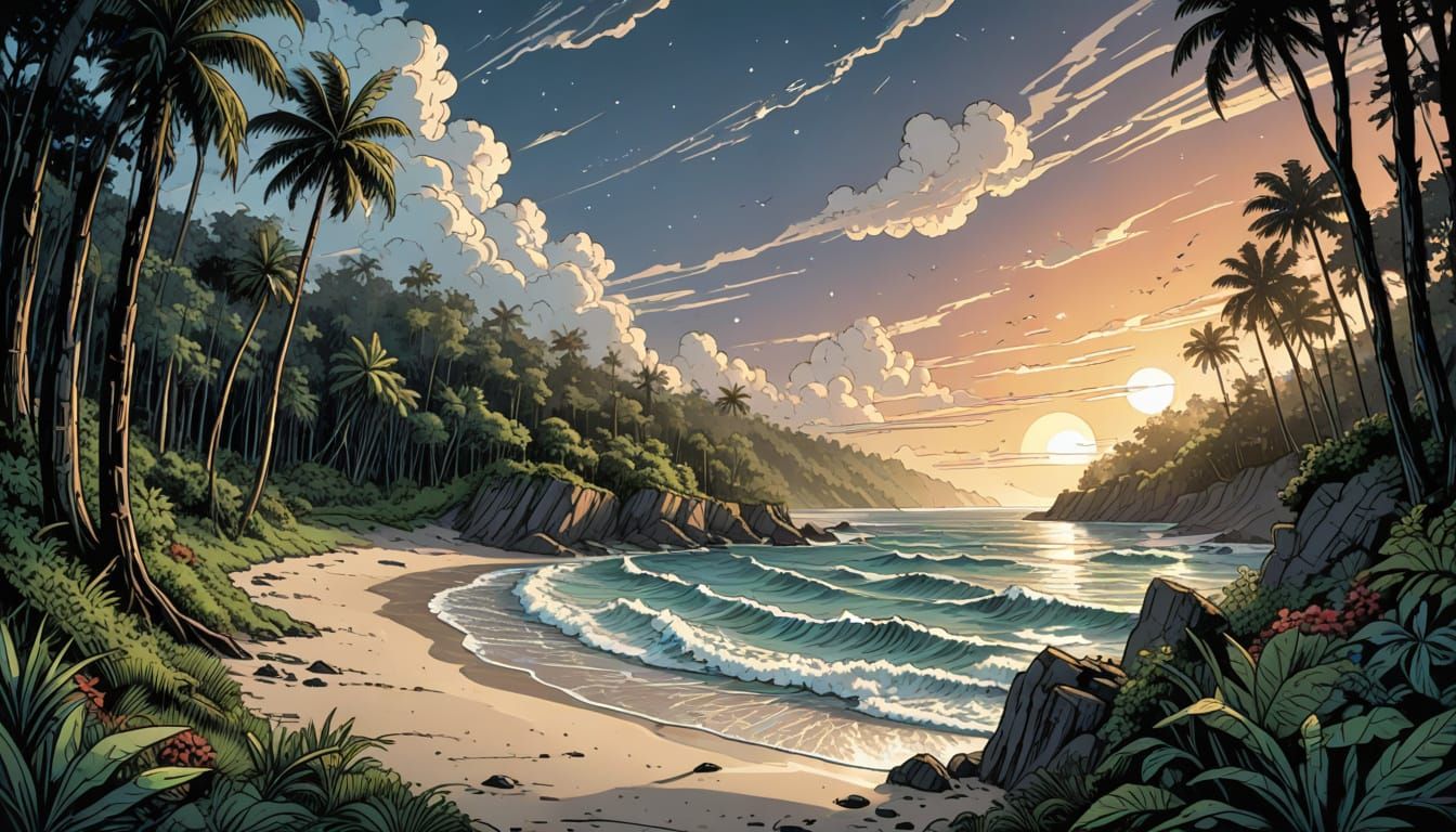 Surreal Tropical Dawn as Retro Dungeons and Dragons Art