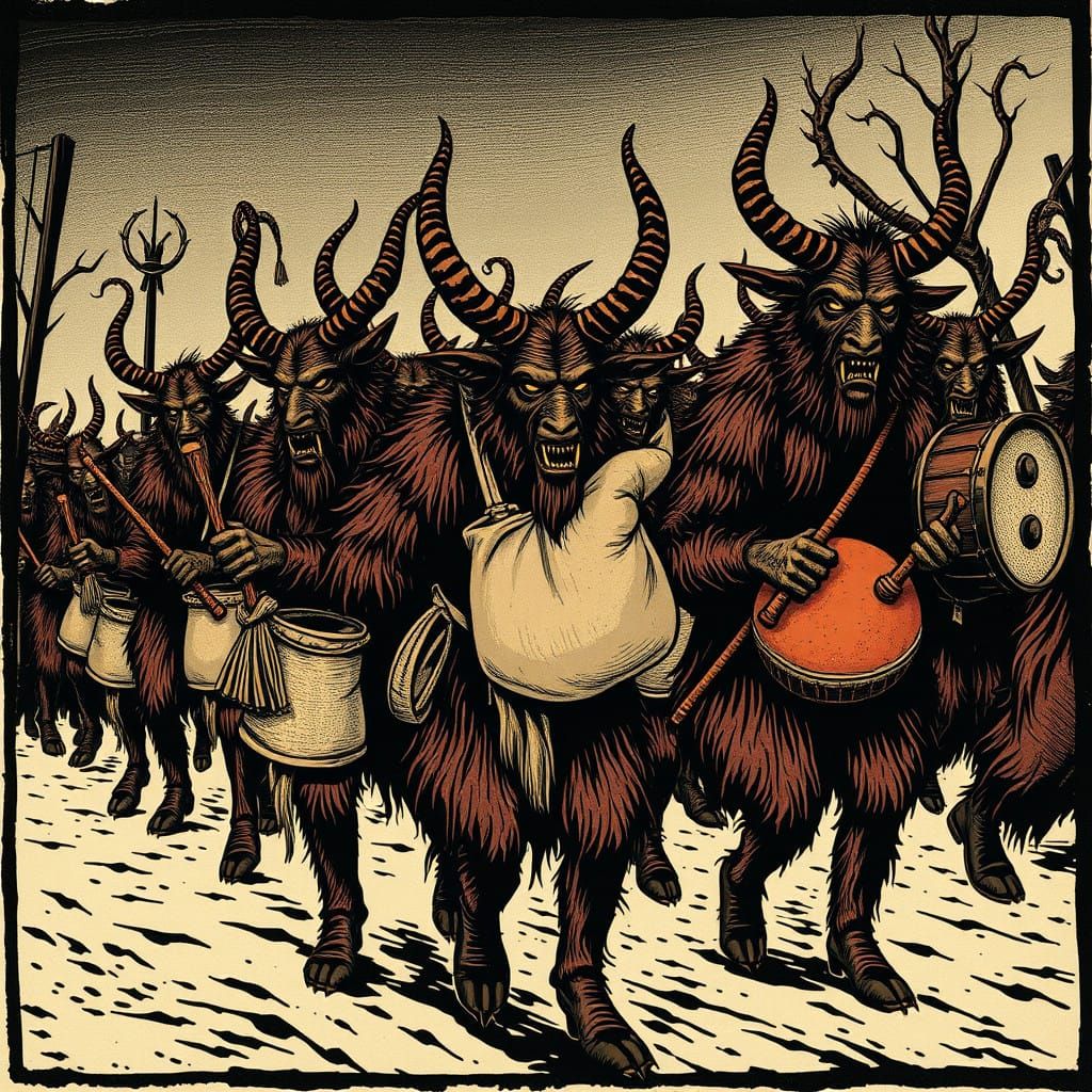 Ethereal Woodcut Illustration of Frenzied Krampus Parade