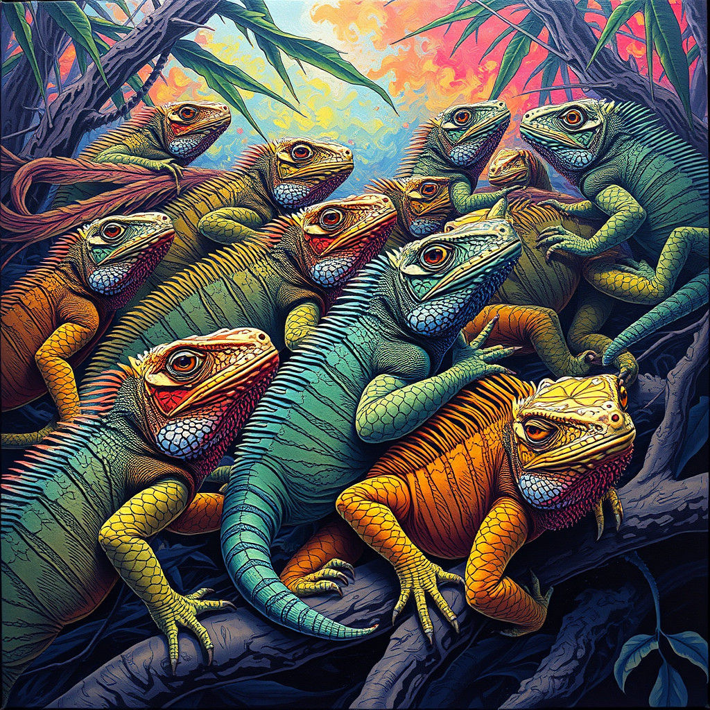 Psychedelic Iguanas in Impasto Comic Book Art