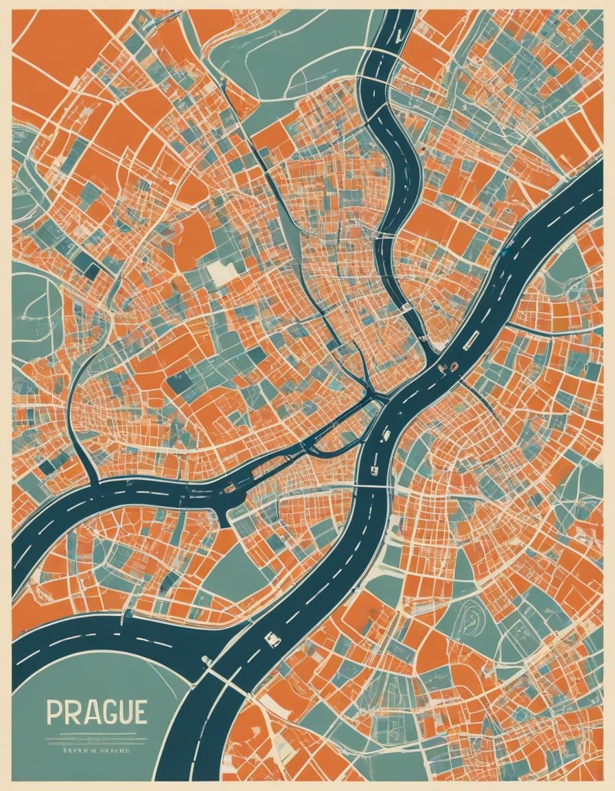 Artistic Map of Prague in Vintage Poster Style