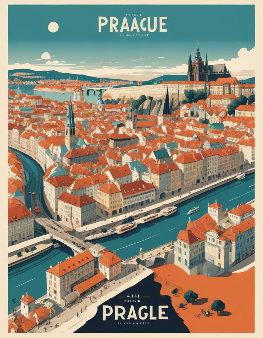 Artistic Map of Prague in Vintage Poster Style