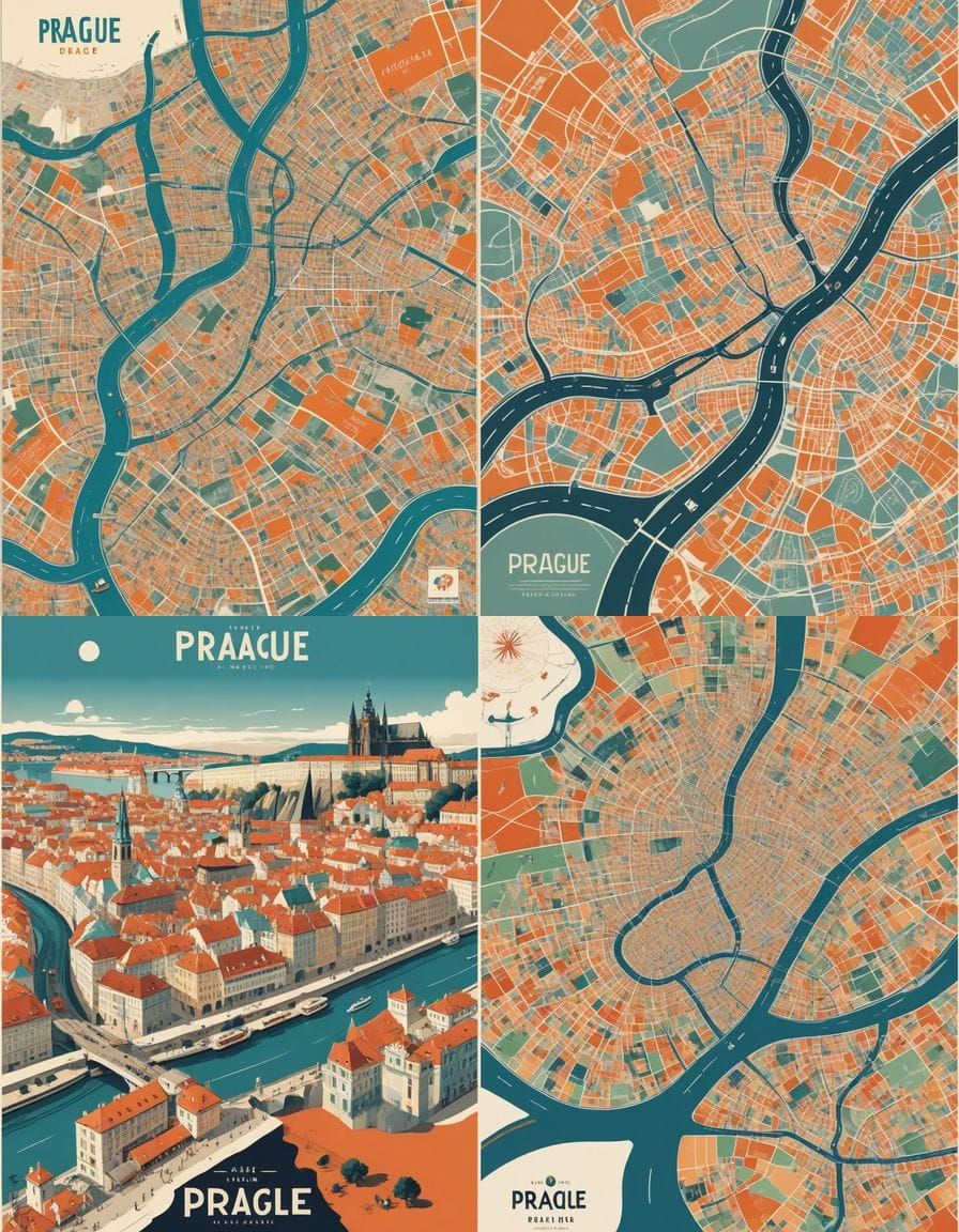 Artistic Map of Prague in Vintage Poster Style