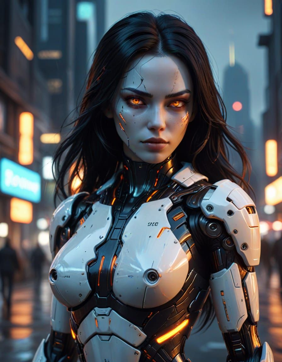 Female Cyborg in Cyberpunk Cityscape at Night