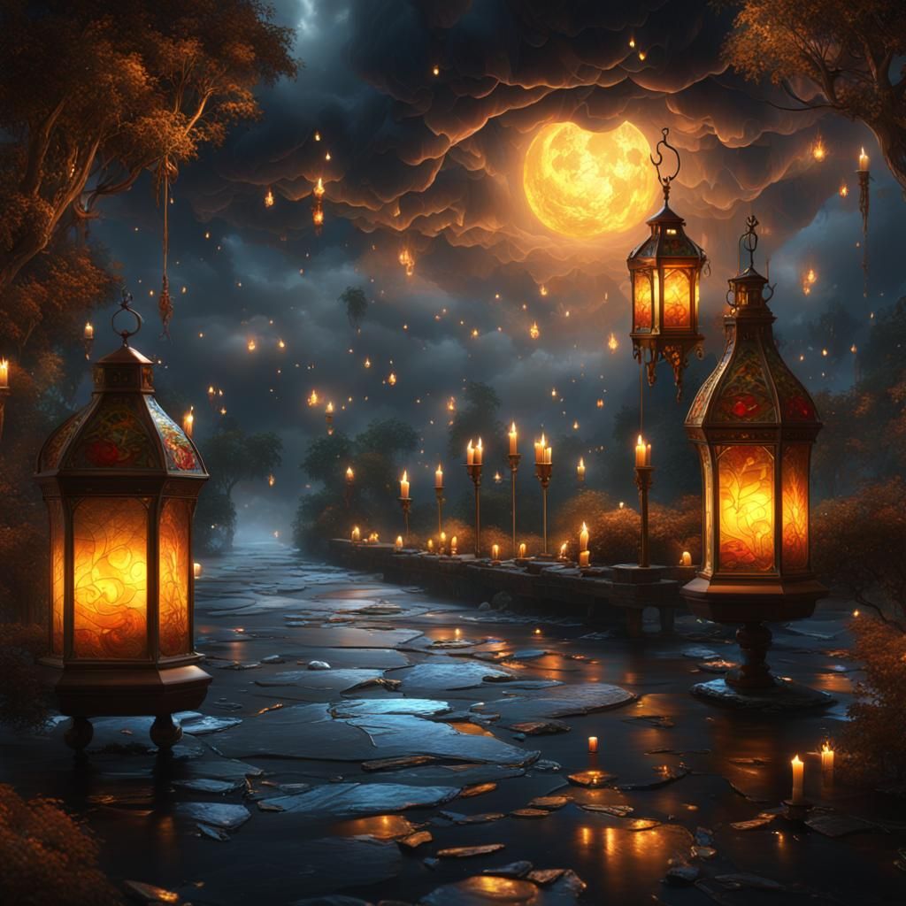 Stained Glass River Scene with Stormy Romance