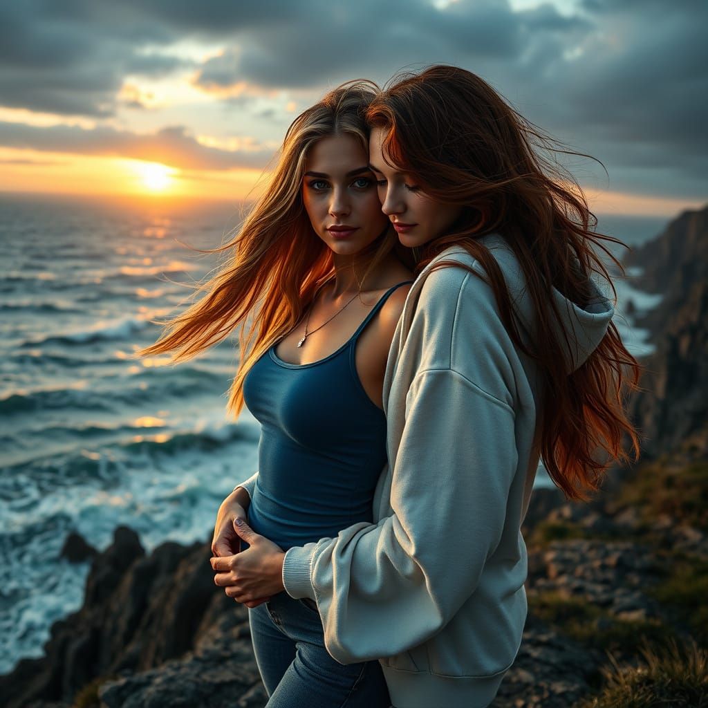 Women Embrace on Cliff in Golden Light: Photorealistic Style