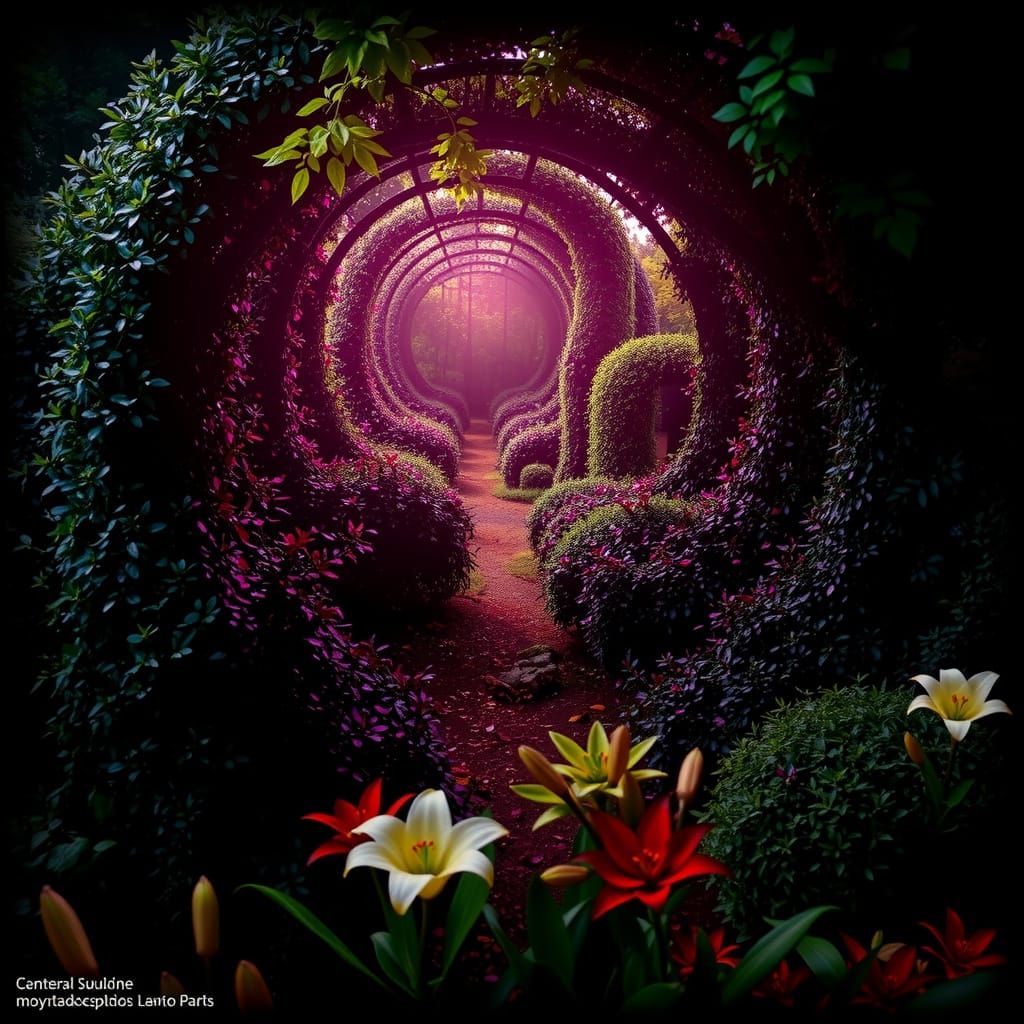 Overgrown Garden Path Maze with White Lilies