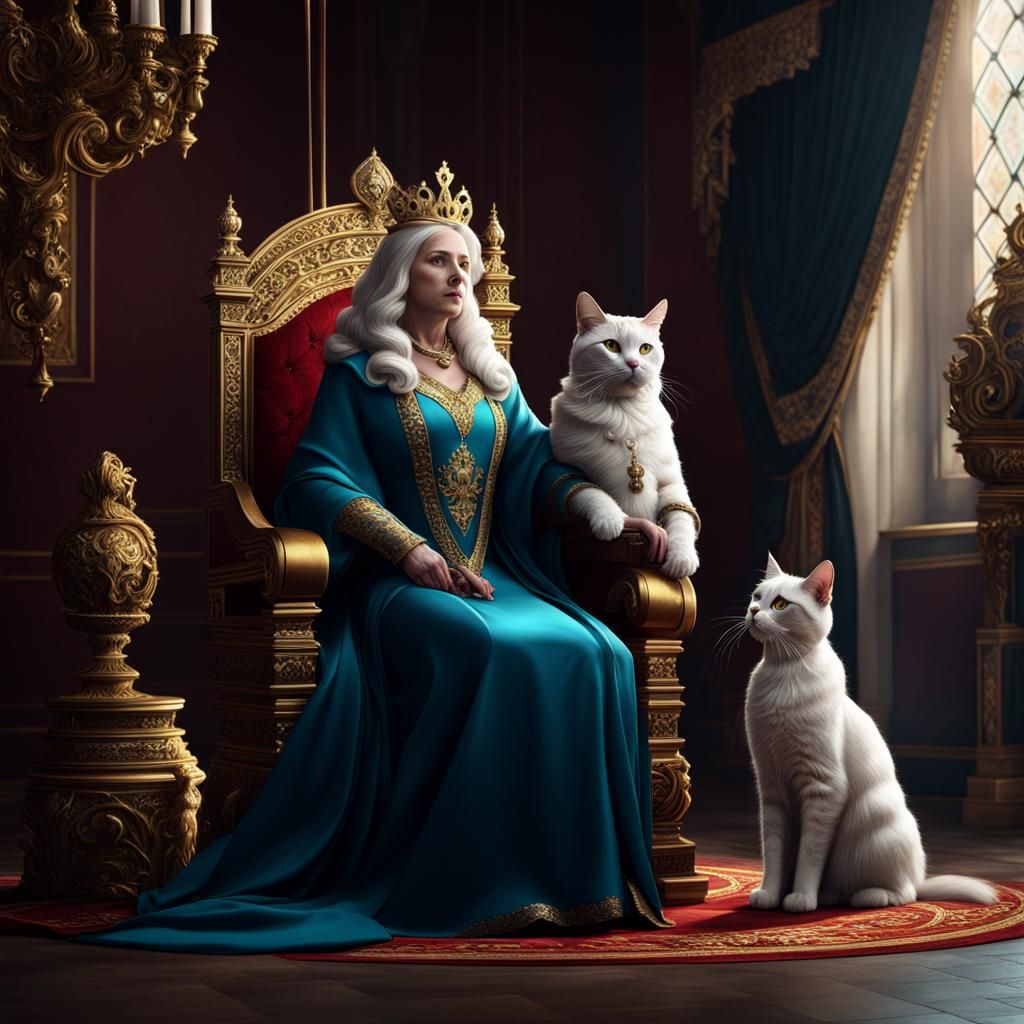 Crowned Cat Empress on Throne: Fantasy Art