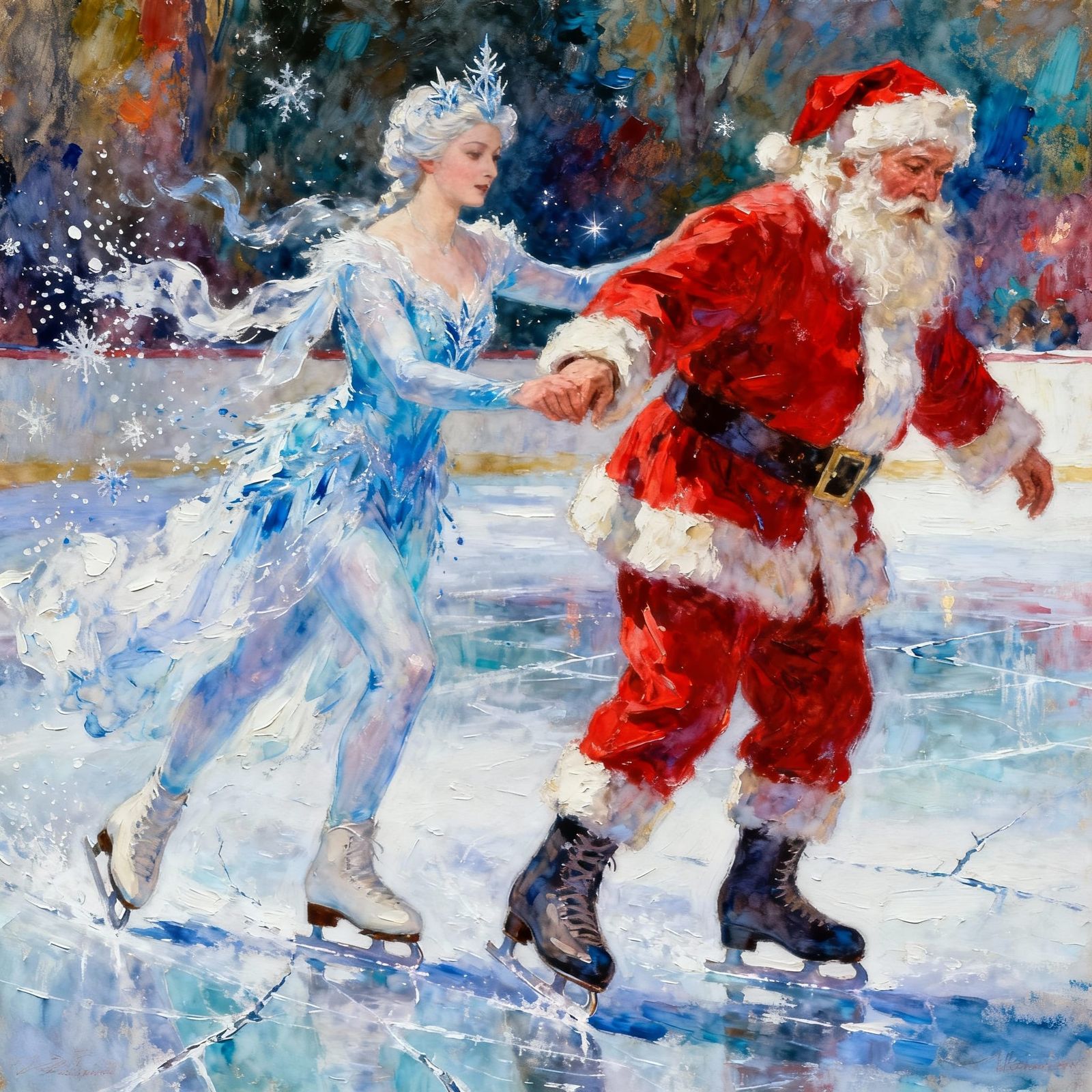 Ice Queen Teaches Santa Claus Figure Skating in Gouache Styl...