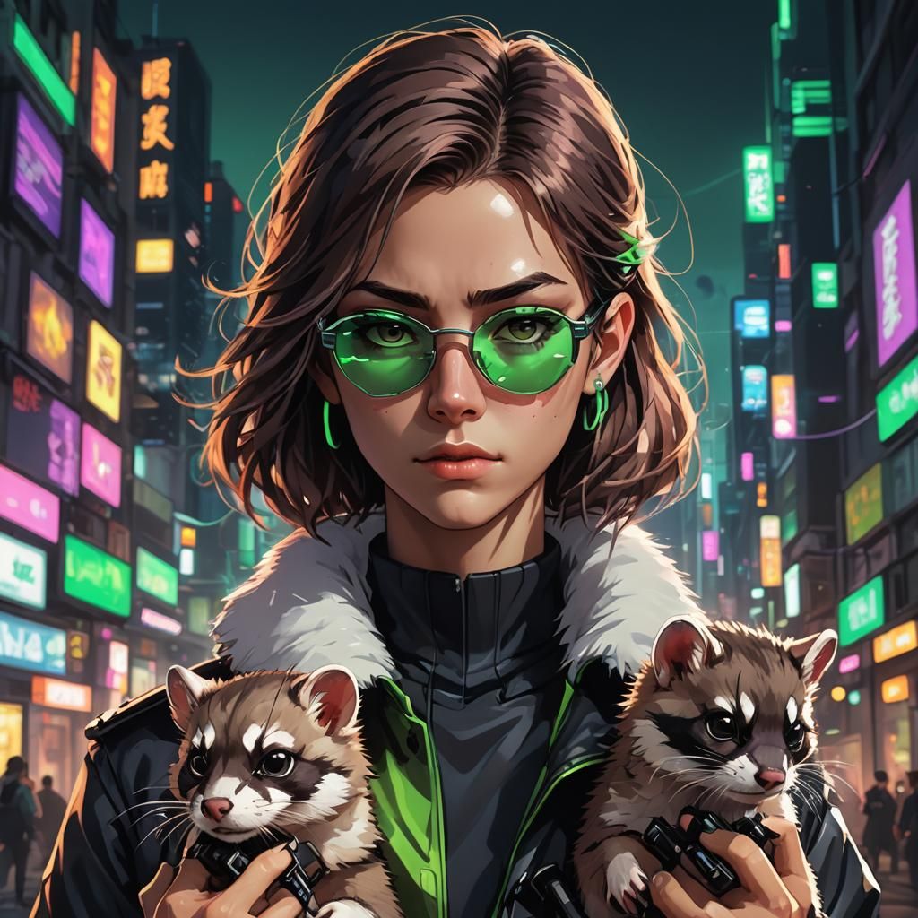 Cyberpunk Anime Assassin with Ferrets in Cityscape