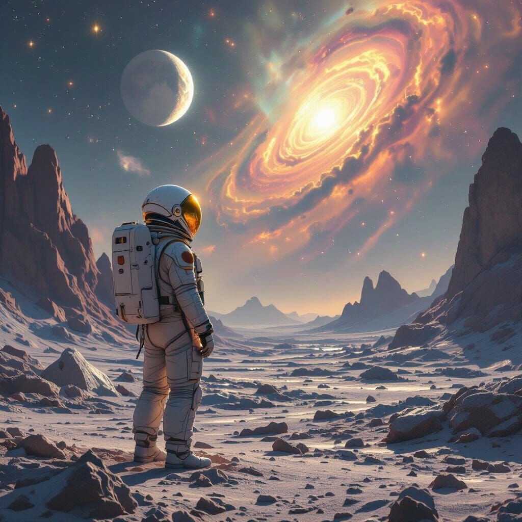 Astronaut on Alien Planet with Nebulae Sky