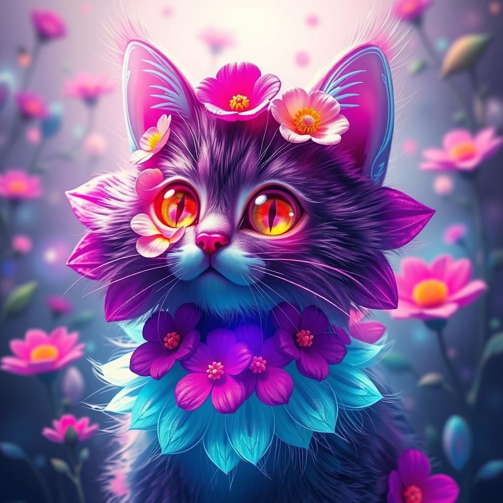 Psychedelic Flowery Kitty in Futuristic Fantasy Style