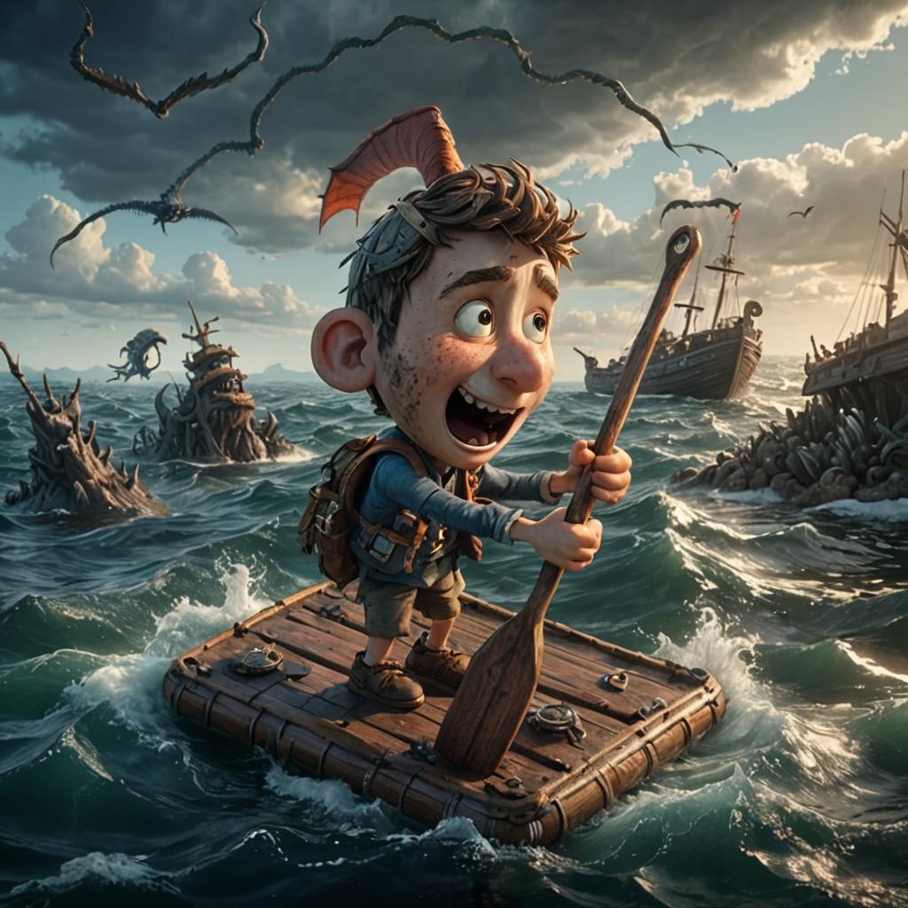 Boy on Raft Confronts Sea Monsters: 3D Game Art