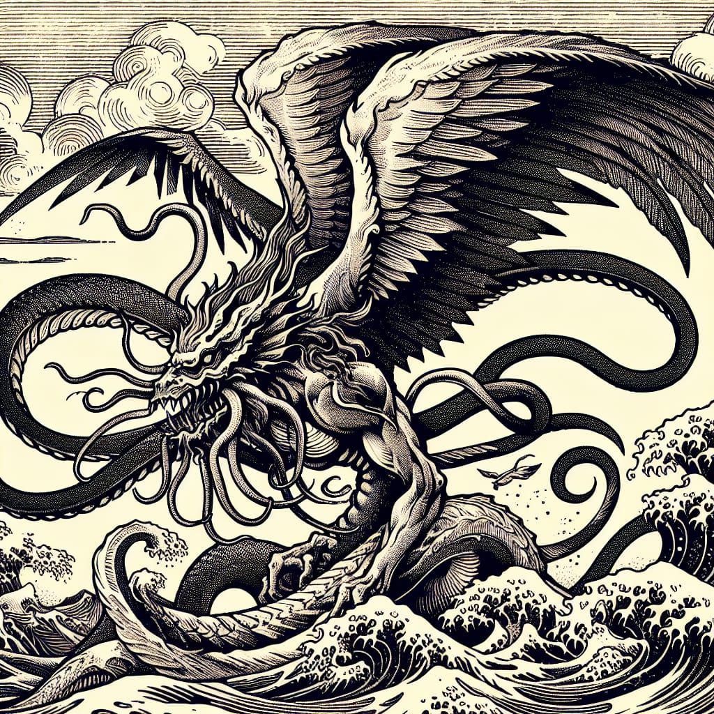 Kraken Illustration in Japanese Woodblock Style