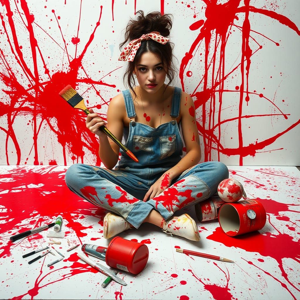 Woman in Crimson Paint: Expressive Mixed-Media Art