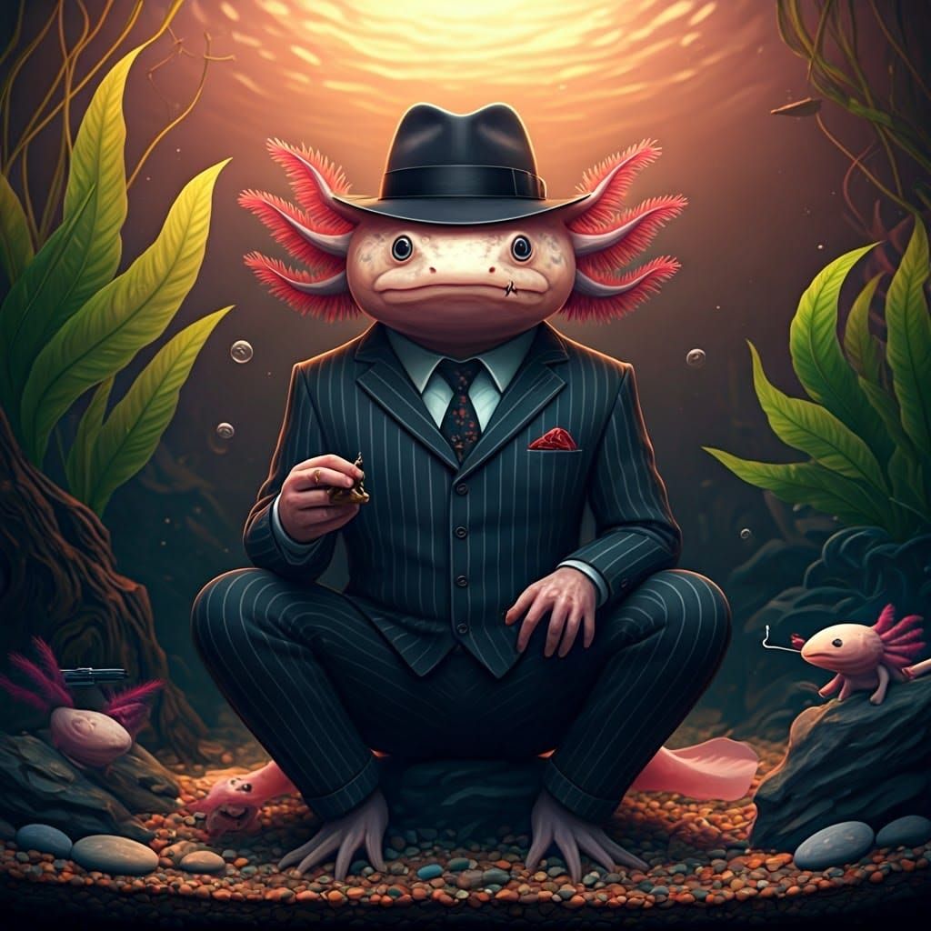 Surreal Axolotl Godfather Unveiled in Pinstripe Elegance