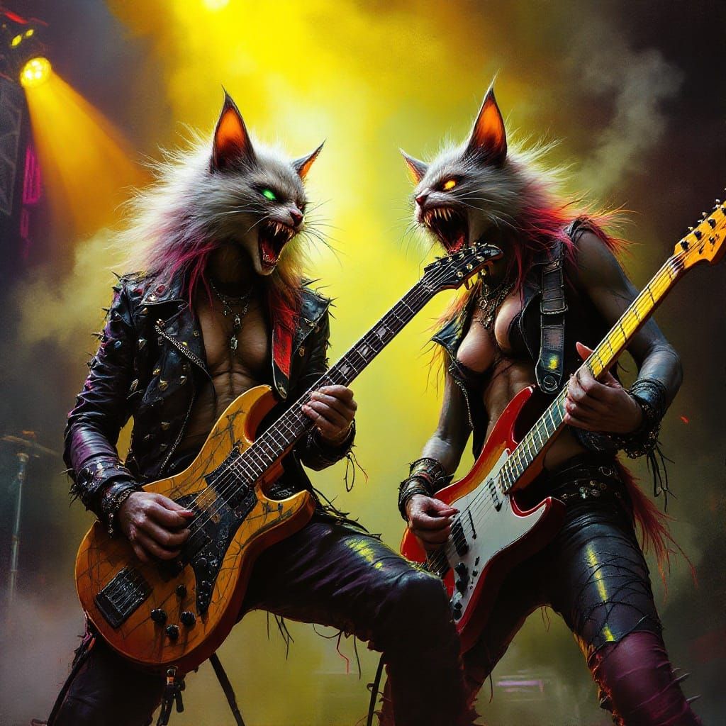 Feline Rock Band Performing in Gritty Neon Style