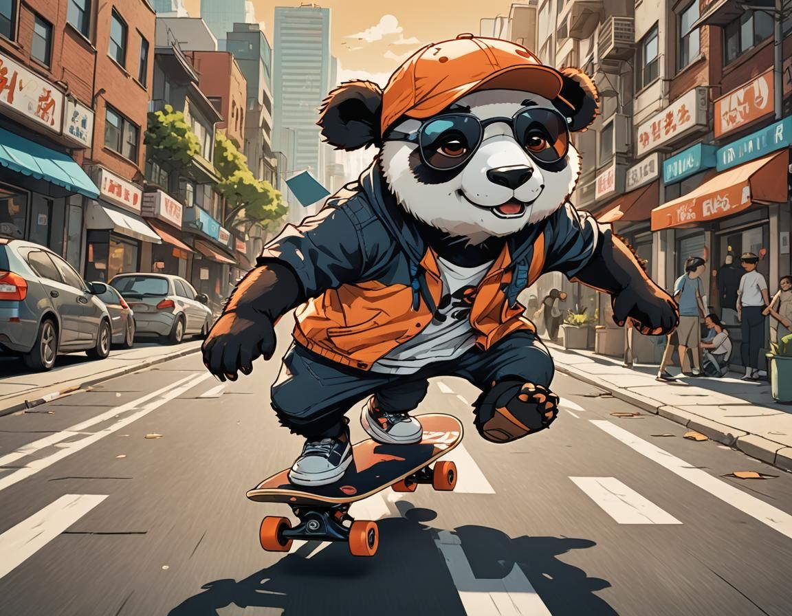 Chibi Panda Bear Skateboarder in Anime Style