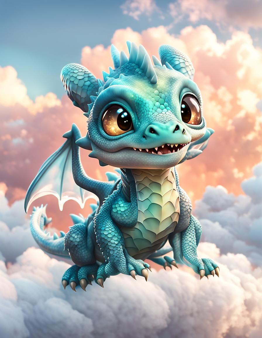 Adorable Glass Baby Dragon on Soft Clouds