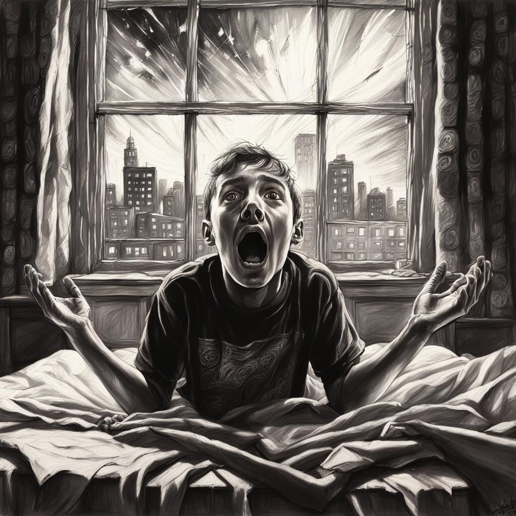 Shocked Boy Wakes Late: Charcoal Drawing in Dutch Masters St...