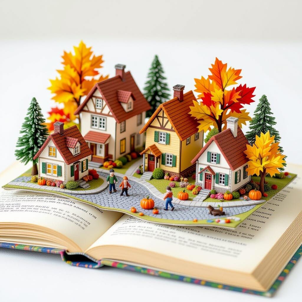 Autumn Village Folds Off Vintage Book Page