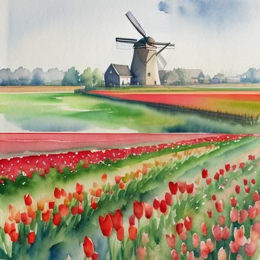 Dutch Windmill and Red Tulips in Watercolor