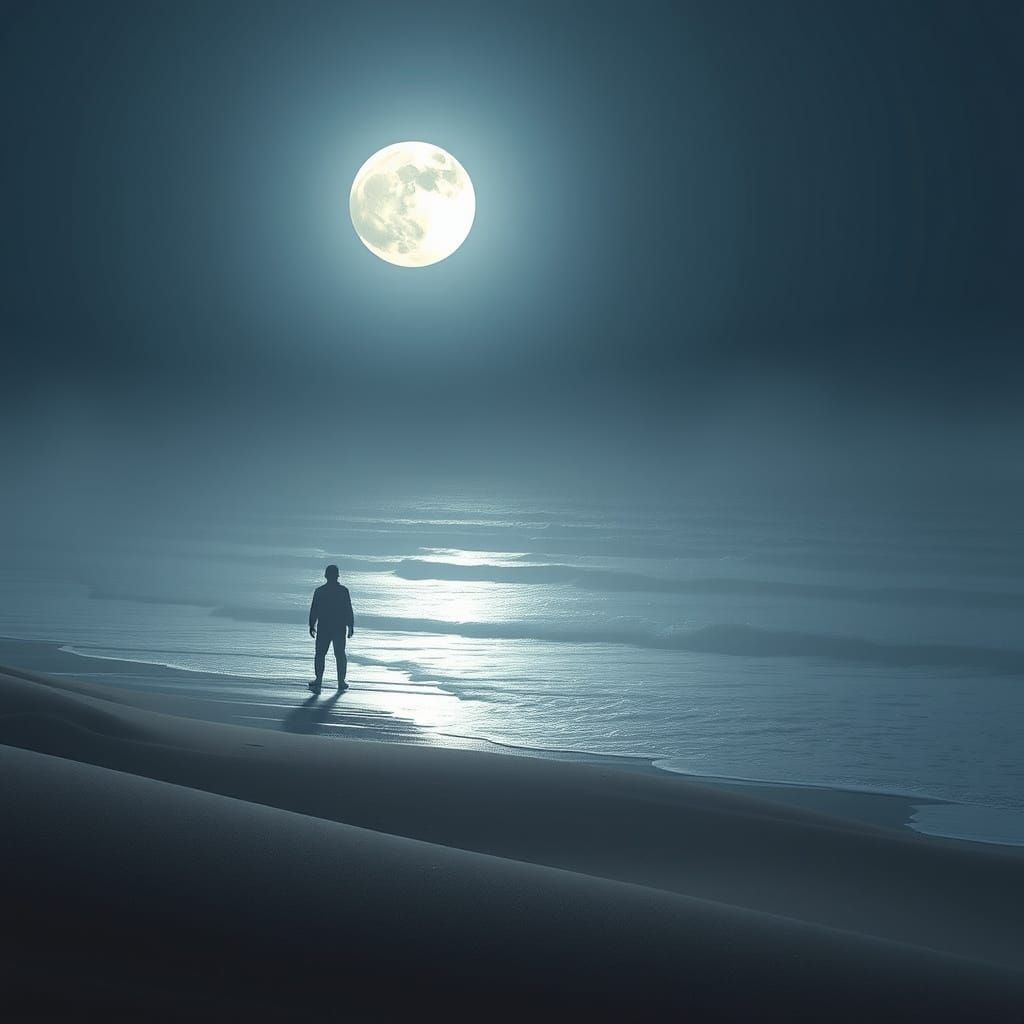 Moonlit Shoreline Walk in Dreamy Digital Art