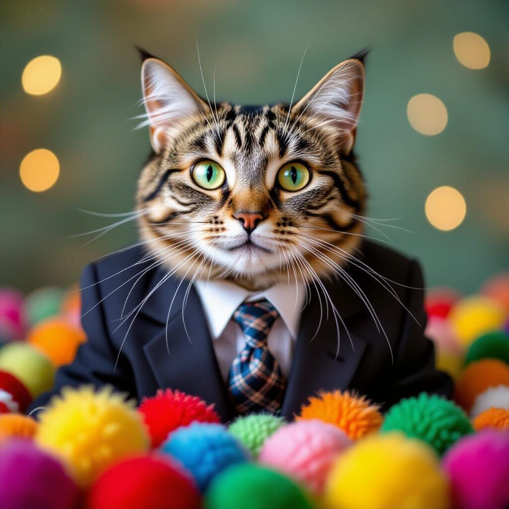 Playful Tomcat Portrait with Pom-Poms in Vivid Colors