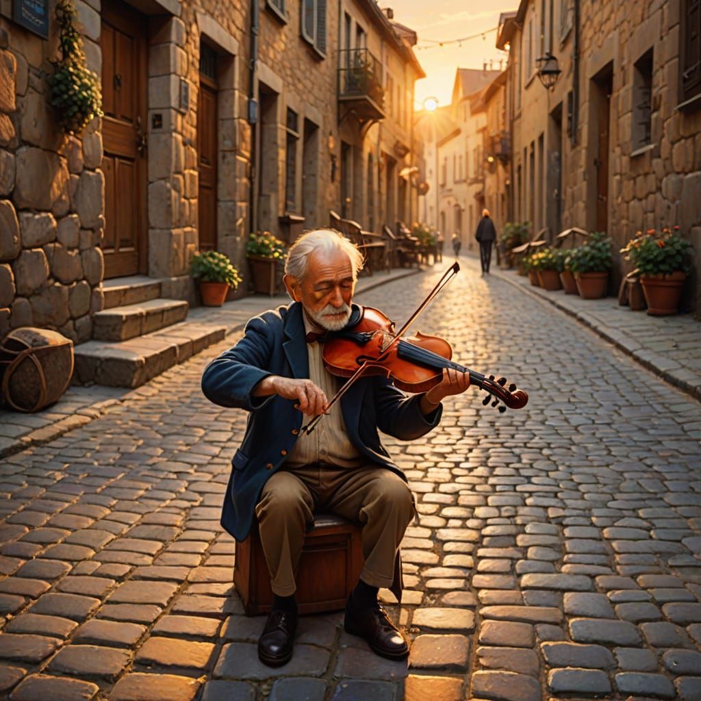 Warm Impressionistic Painting of Violinist on Cobblestone St...