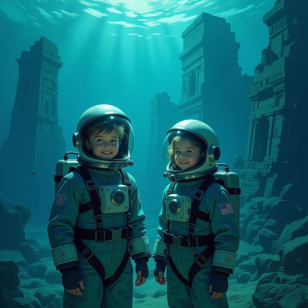 Children in Retro Sci-Fi Dive Suits on Seabed