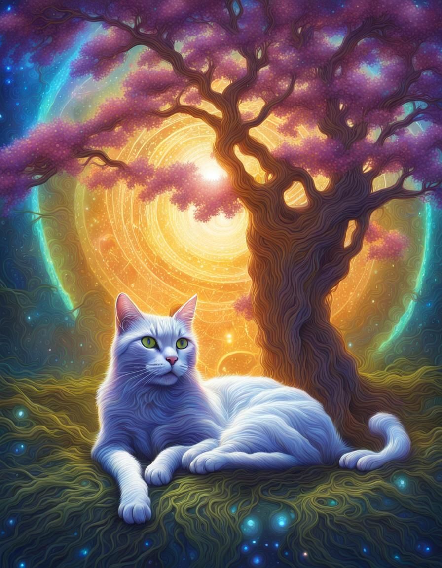 Holographic Cosmic Cat in Sunbeam Illustration