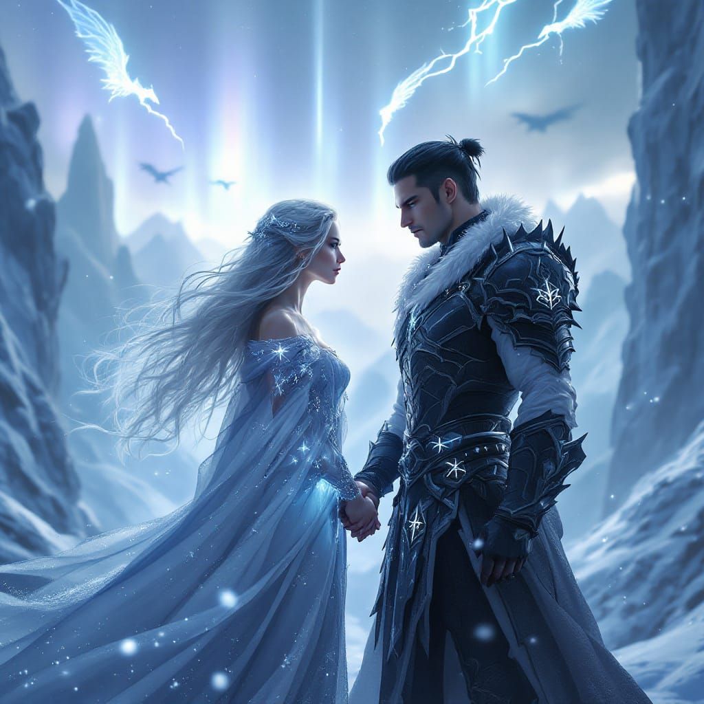 Luminous Woman and Assassin Touch Hands in Frozen Landscape