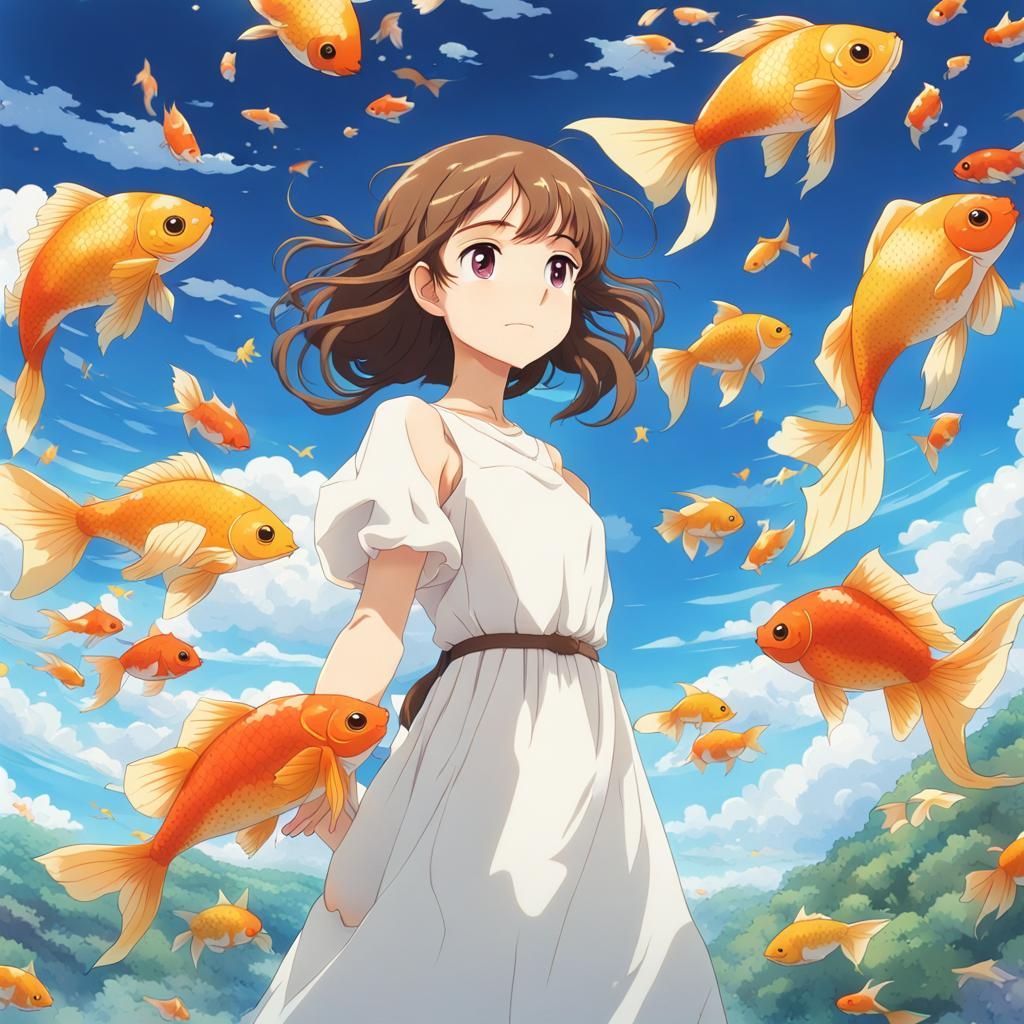 Girl with Goldfish in Sky: Ghibli-Inspired Anime