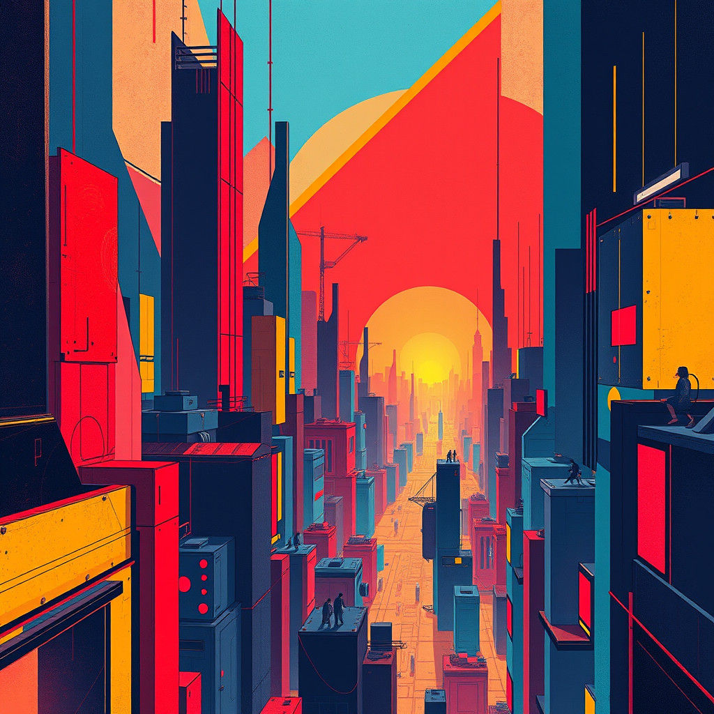 Futuristic Geometric Cityscape in Bold Primary Colors