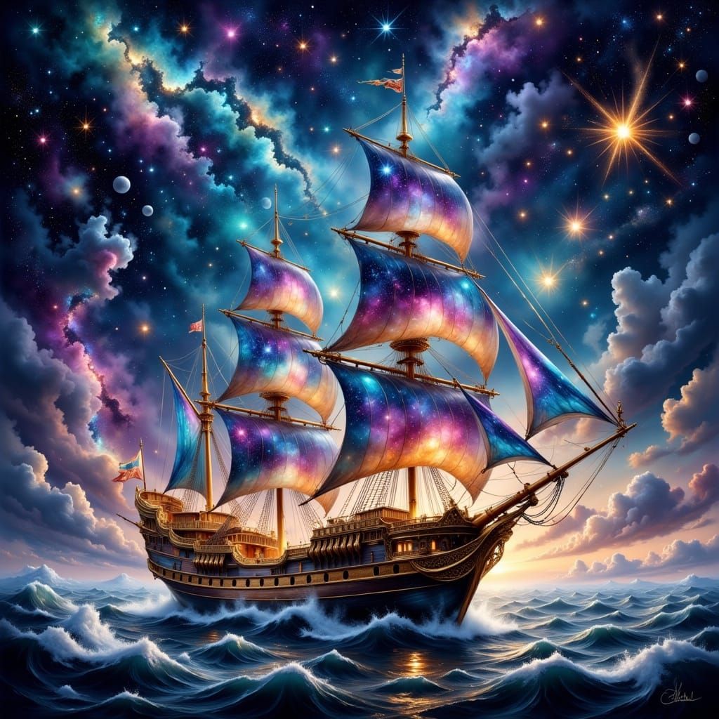 Crystal Galleon Navigates Stardust in Cosmic Surrealism
