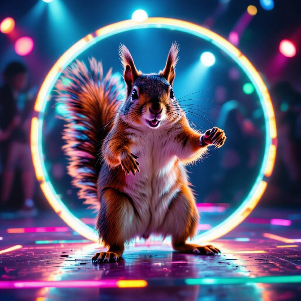 Energetic Squirrel Rave in Neon Diskothek