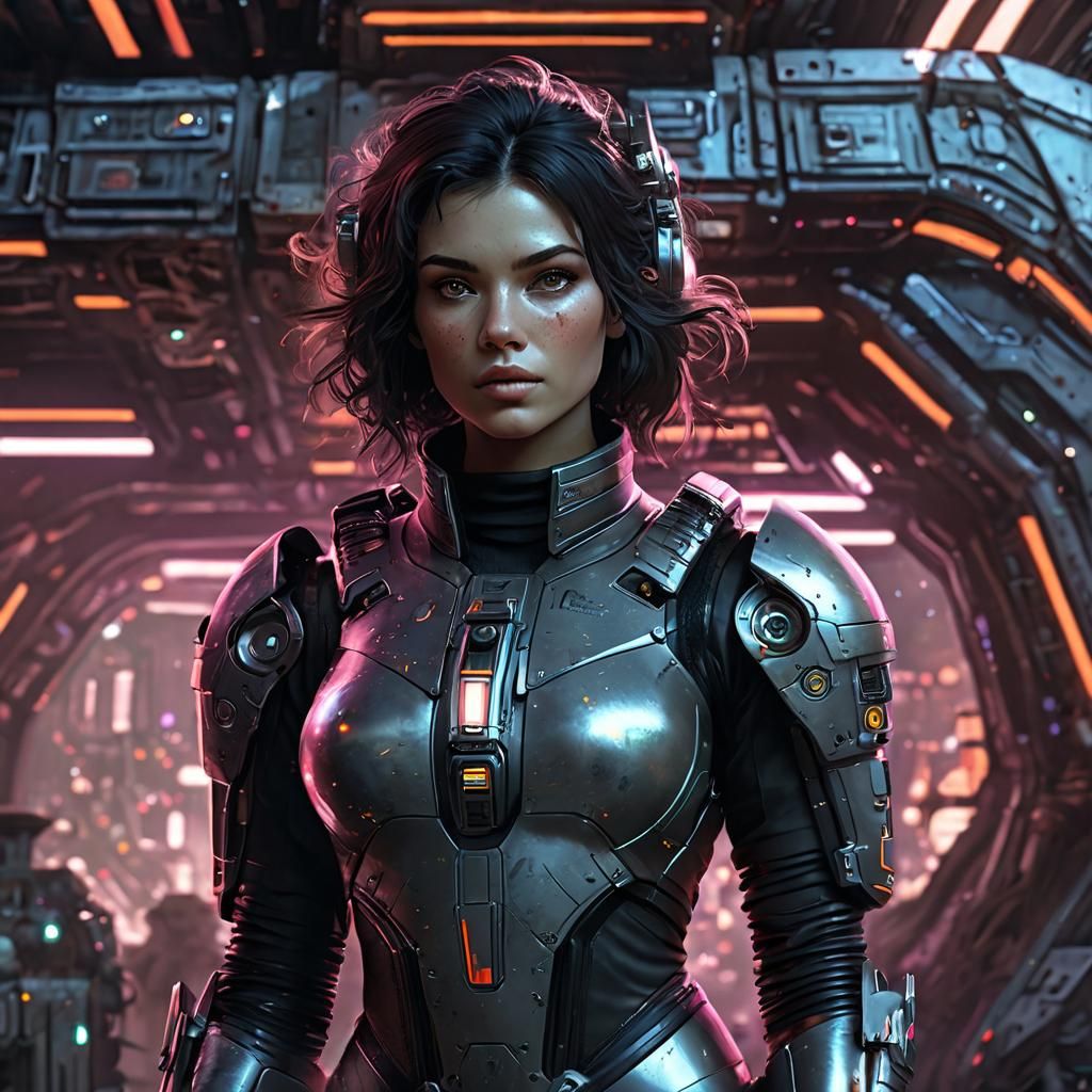 Strong Female Space Explorer in Futuristic Spaceship