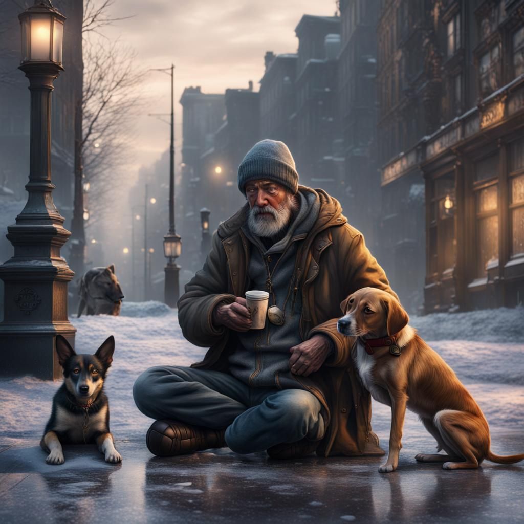 Homeless Man and Dog Begging on Sidewalk