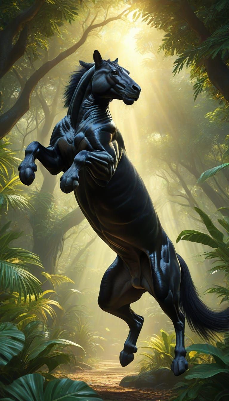 Black Pumahorse Leaping in Jungle, Vibrant Oil Painting