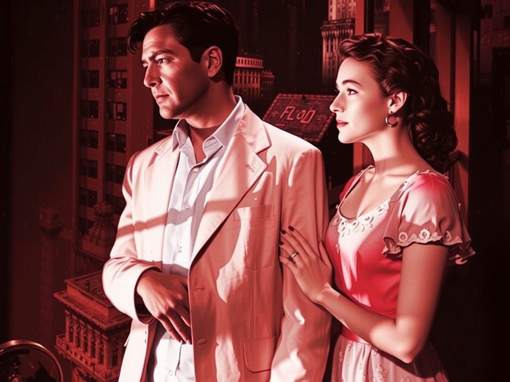 Film Noir Couple Gazing Out at Rainy Cityscape