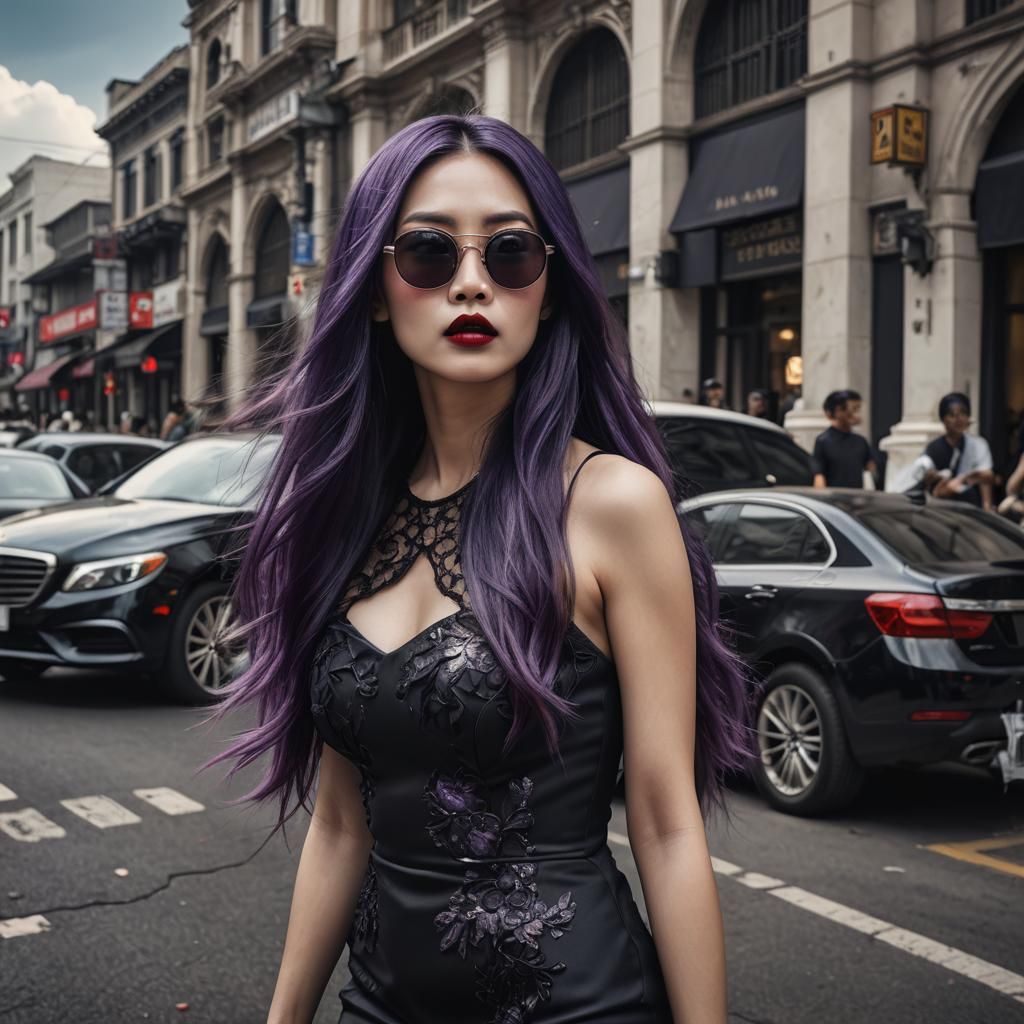 Stylish Asian Woman with Purple Hair in Digital Painting