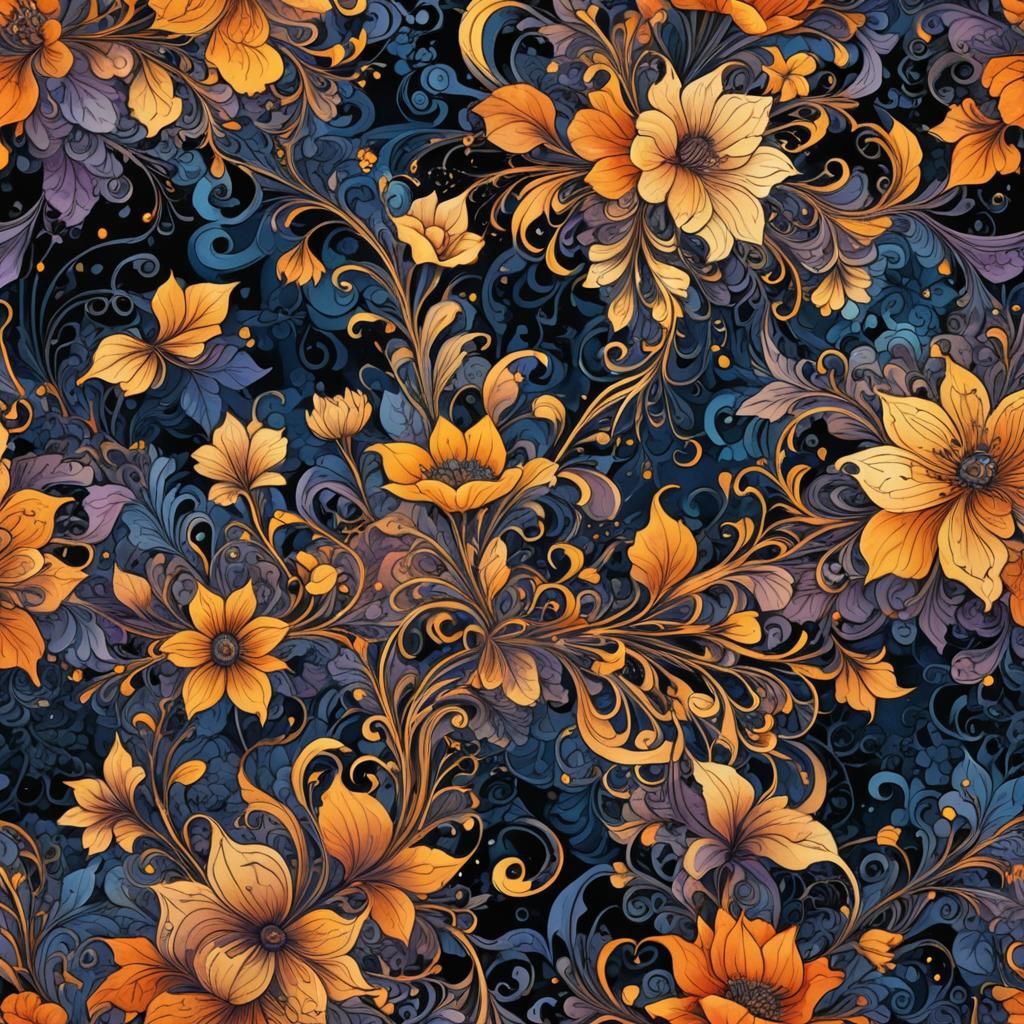 Mystical Floral Ink Illustration in Art Nouveau Style