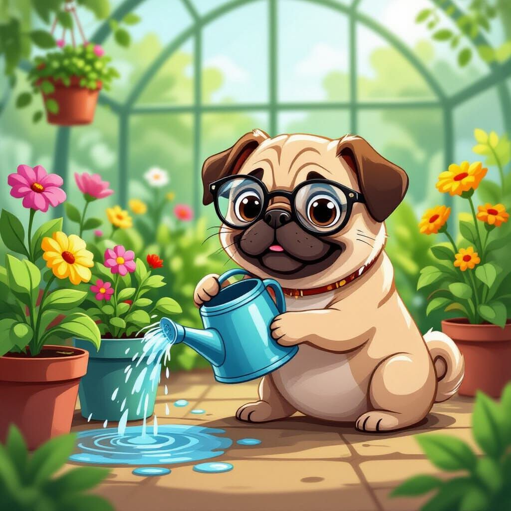 Cartoon Pug Waters Plants in Greenhouse