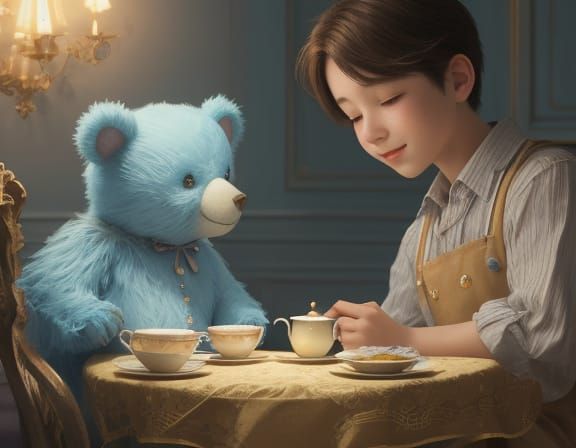 Child's Tea Party with Monster in Vibrant Oil Painting Style