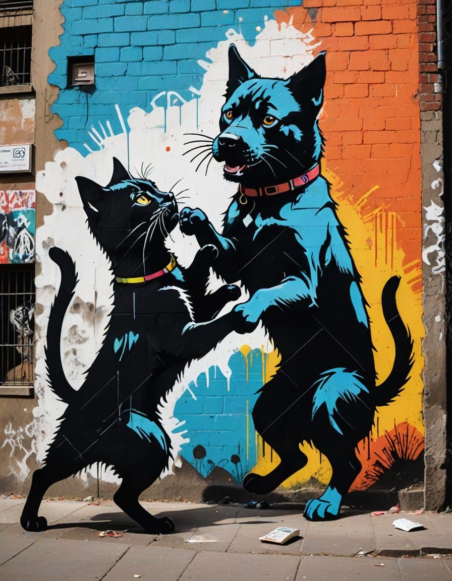 Cat and Dog Street Fight in Banksy Graffiti Style