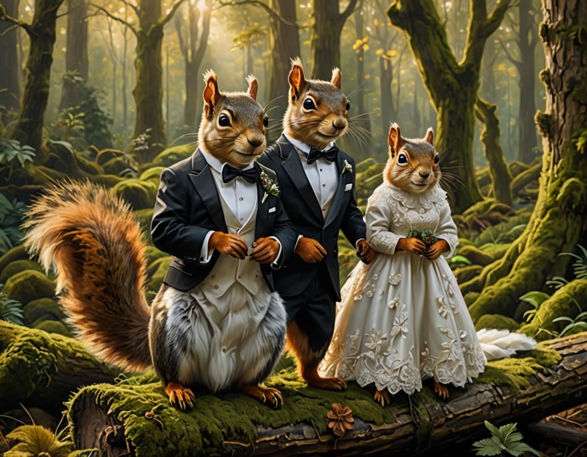 Squirrel Wedding in Forest, Detailed Oil Painting