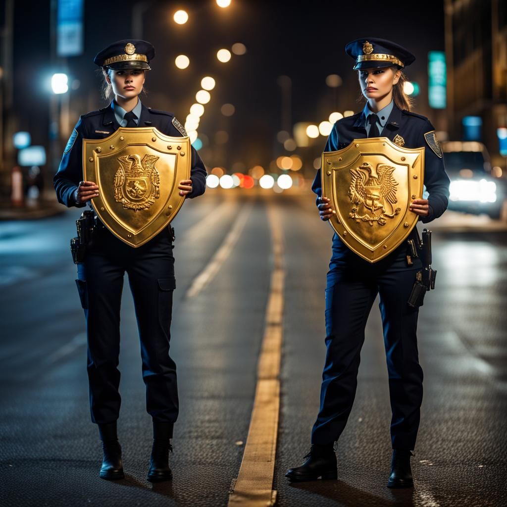 Policewomen with Golden Shields at Night