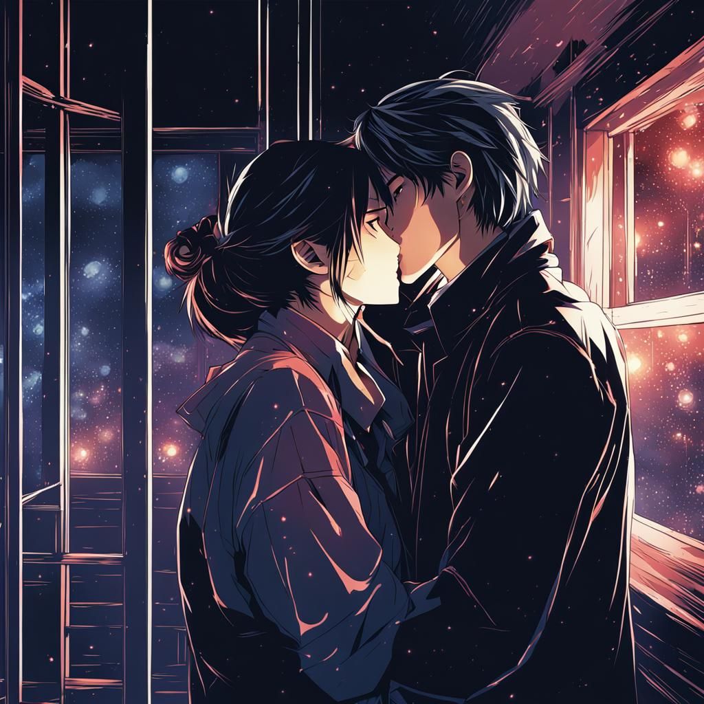 Lovers' Embrace: Anime-Style Cel-Shaded Art