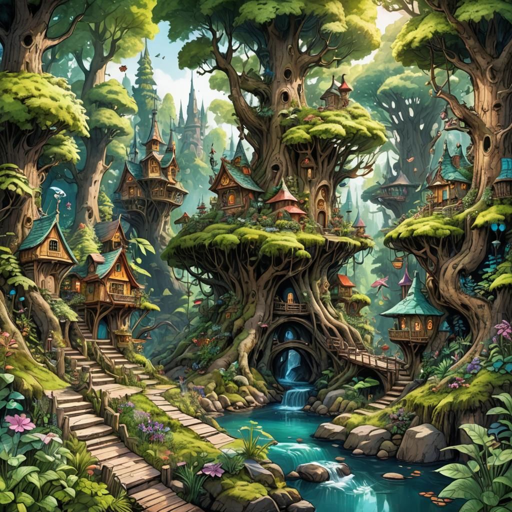 Enchanted Forest Urban Sketch with Mystical Creatures