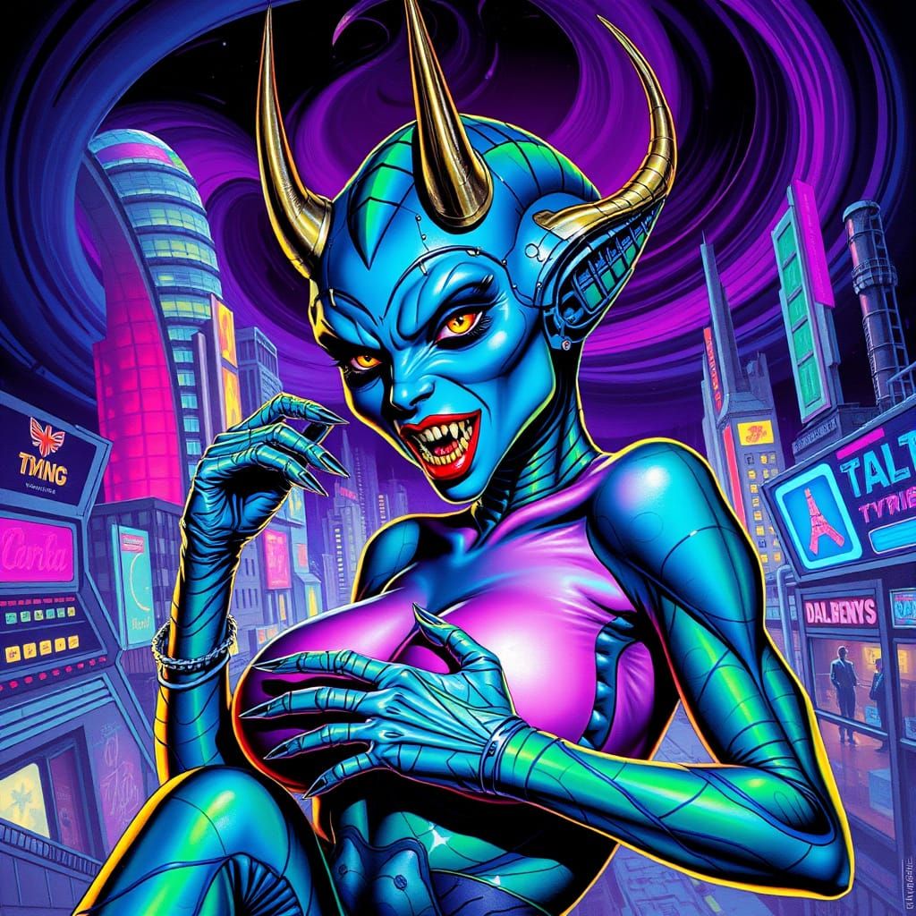 Electric Blue Alien Hybrid in Cyberpunk Cityscape