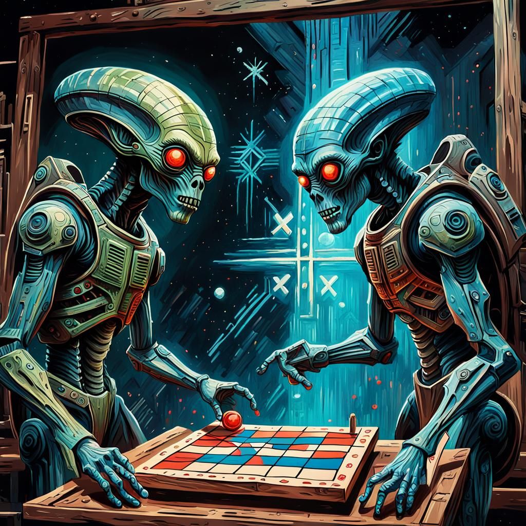 Aliens Play Tic-Tac-Toe: Impressionist Gouache Masterpiece